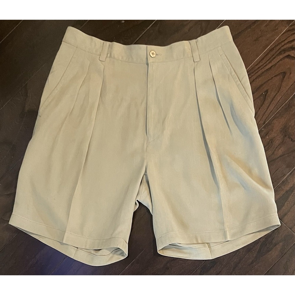 Tommy Bahama Shorts Men 34 Khaki 100% Silk Relaxed Pleated Herringbone 8" Inseam